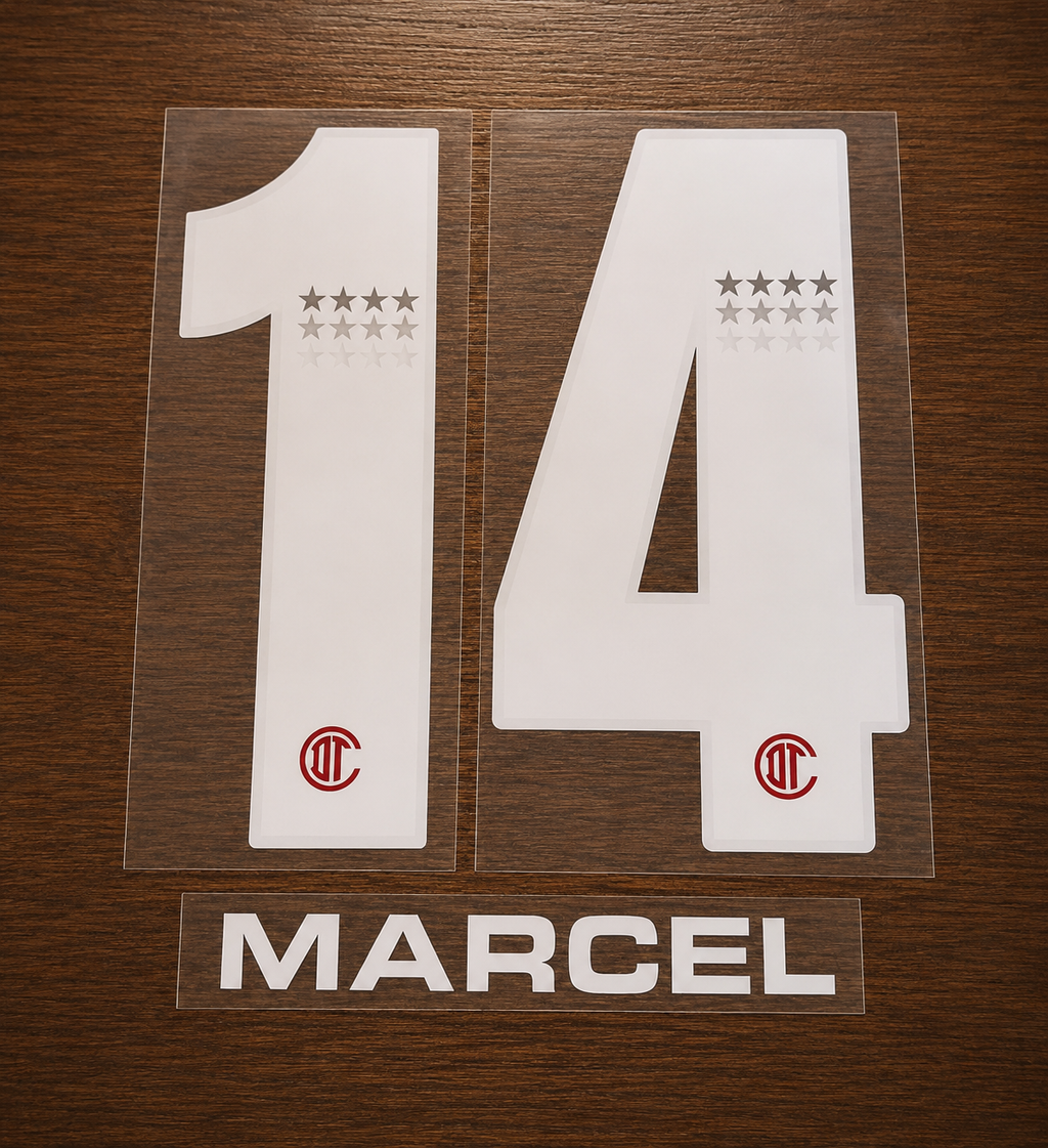 SET DE NOMBRES OFICIAL TOLUCA FC MARCEL #14 PARA CAMISETA LOCAL