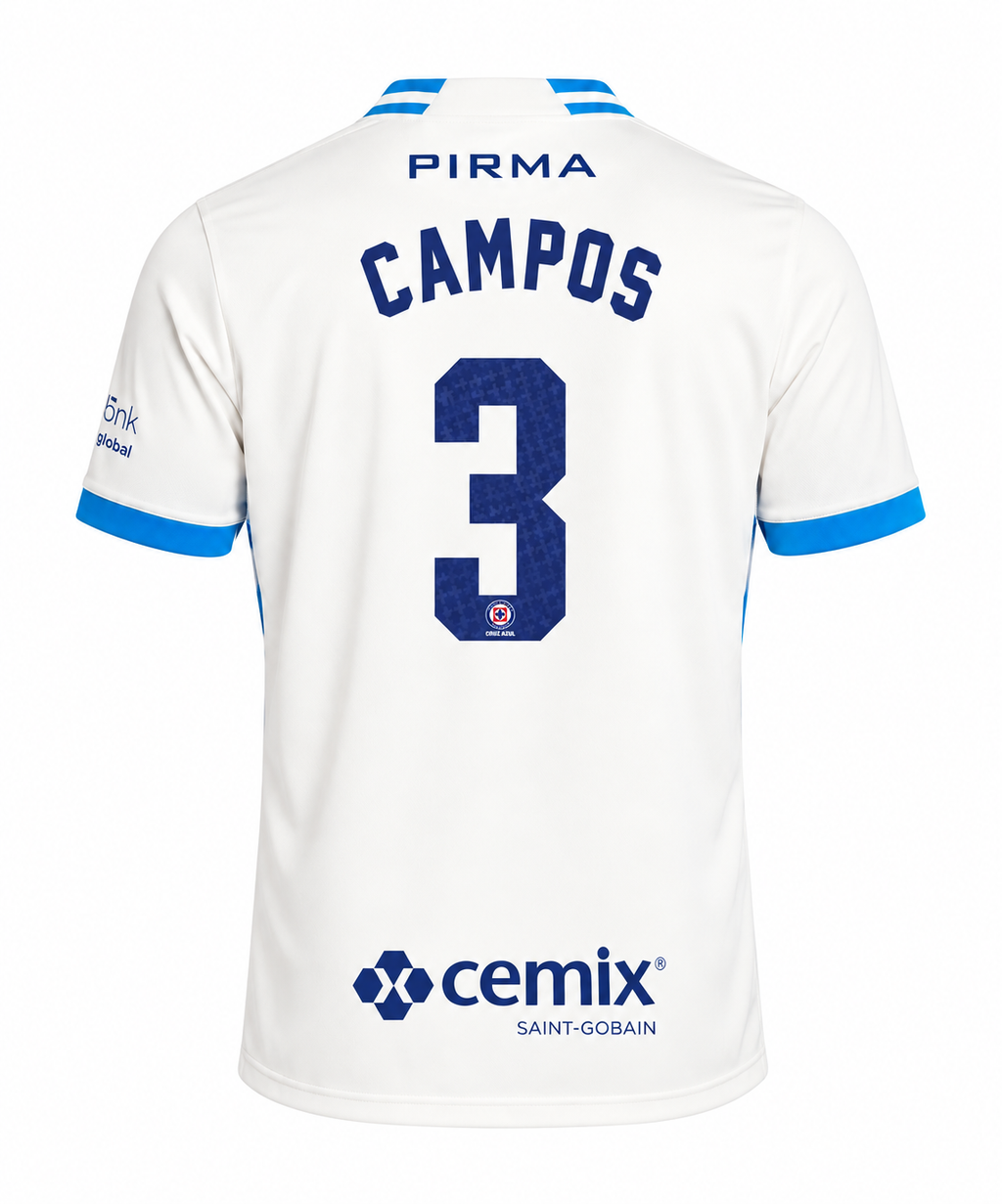 Official Name Set Campos #3 Cruz Azul 2026-2027 Away Shirt - back view
