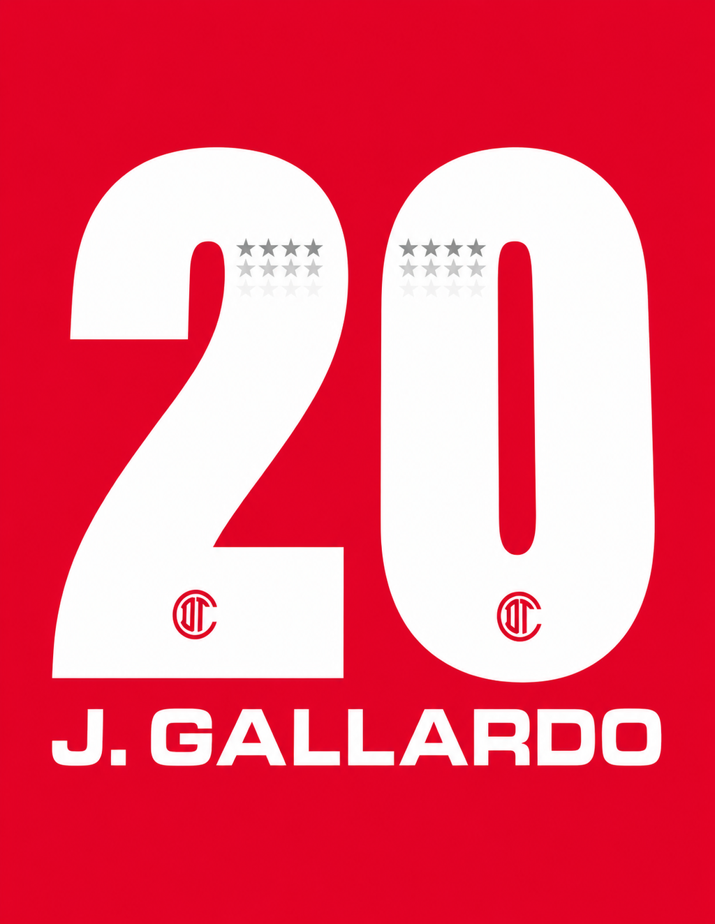 CONJUNTO OFICIAL DE NOMBRE J. GALLARDO #20 DEL TOLUCA FC PARA CAMISETA DE LOCAL