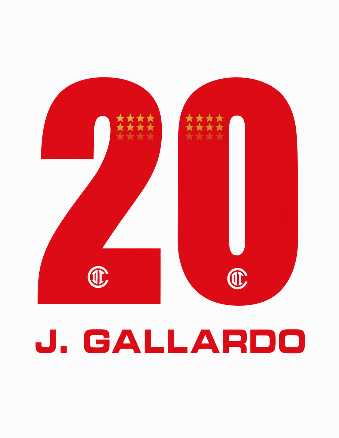 JUEGO DE NOMBRE OFICIAL DEL TOLUCA FC J. GALLARDO #20 PARA LA CAMISETA DE VISITANTE