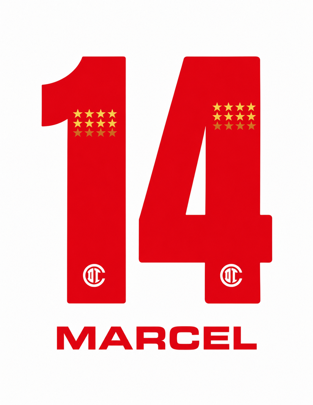 CONJUNTO DE NOMBRE OFICIAL MARCEL #14 DEL TOLUCA FC PARA CAMISETA DE VISITANTE