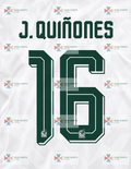 Nombre y número oficial de México J. Quiñones #16 Camiseta blanca de visitante Copa Mundial 26